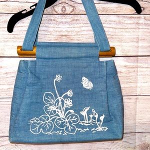 Vintage denim and wooden purse